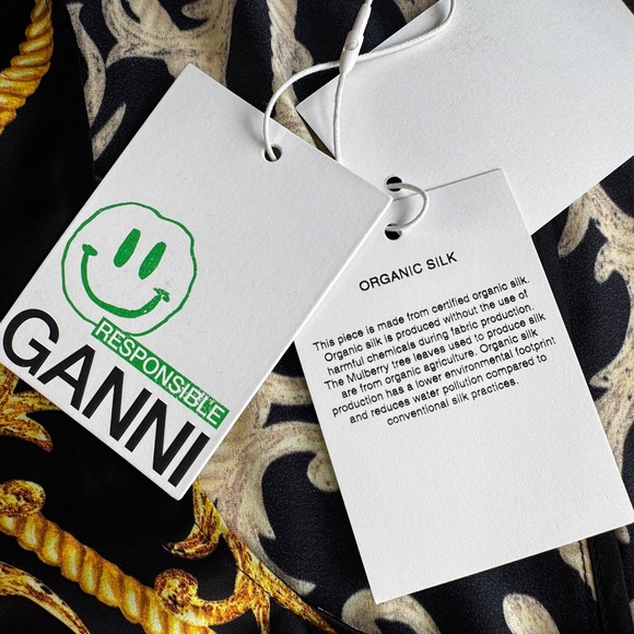 NWT Ganni Silk Stretch Blouse U-neck Gathered Fitted Black & Gold Baroque - Picture 13 of 16